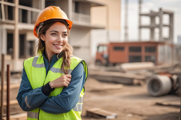 beautiful smilling Young female worker site engineer with a safety vest and hardhat