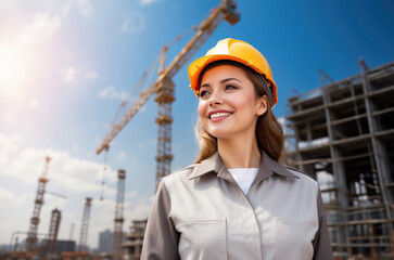 beautiful smilling Young female worker site engineer with a safety vest and hardhat