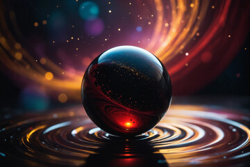 Wall Mural - A beautiful orb floating on a swirling vortex of beautiful black thick glutinous liquid