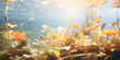 Underwater scene with plants in the water Sunbeams and bubbles underwater background 