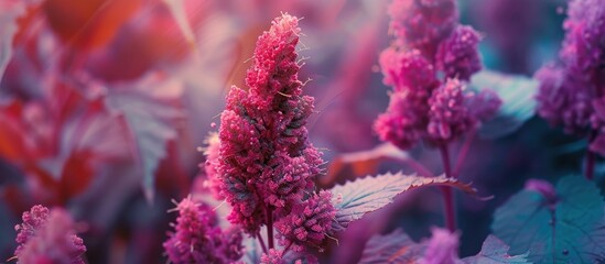 Wall Mural - A close-up view of a bunch of flowers growing in the grass, featuring Amaranthus albu, a weed commonly found in natural conditions. The vibrant flowers contrast with the green grass beneath, creating