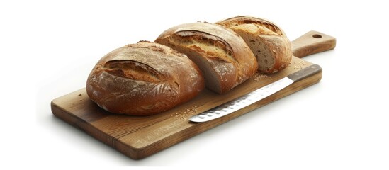 Poster - A loaf of whole grain bread sits on a rustic wooden cutting board, accompanied by a knife ready for slicing. The breads crust shows a golden brown color, promising a satisfying crunch when sliced.