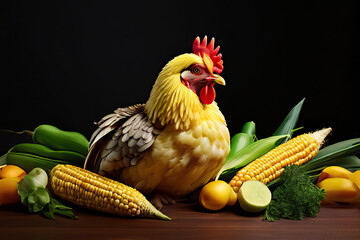Wall Mural - Vegetarian or vegan chicken, chick made out of corn, vegan day or vegetarian week banner. profile view