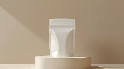 mock up standing pouch white plastic pouch neatly arranged on a podium on a neutral background, ai g