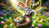 Fototapeta Dmuchawce - Cheerful Easter Bunny Enjoying Bright Spring Day. cute Easter bunny sits among painted eggs and blooming flowers on sunny day.