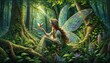 fairy girl  in the forest with a bird. delicate and beautiful . wallpaper design painting style