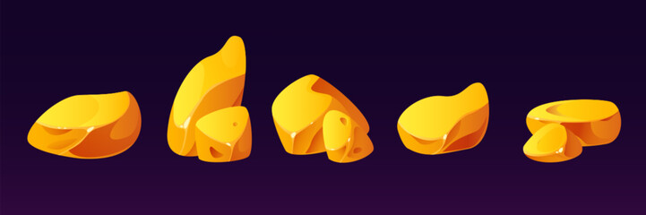 Poster - Gold nugget for mine and treasure in game ui design. Cartoon vector illustration set of yellow glossy shiny precious stones. Gui assets of raw golden crystals. Expensive raw materials gem pieces.