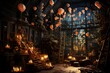 Interior of an old abandoned factory with burning candles. 3d rendering