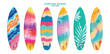 Summer surfboard elements vector set design. Summer surfing board in colorful printed pattern collection for tropical season water sport activity 3d realistic element. Vector illustration  summer 