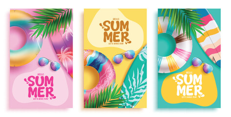 Sticker - Hello summer vector poster set design. Summer hello greeting text with colorful floaters, surfboard and sunglasses beach elements for tropical season background. Vector illustration summer hello 