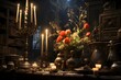 The interior of the church with candles and a vase of flowers