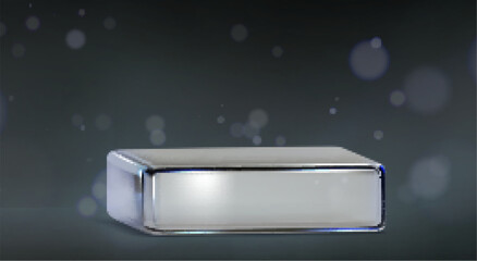 Poster - Glass square transparent product podium mockup with light bokeh effect on black background. Realistic vector illustration of minimal composition with empty cube crystal or plexiglass platform template
