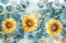 Sunflower Season A Vibrant Watercolor Of Three Sunflowers In A Breezy Blue And Green Garden Generative AI