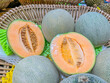 Closeup of cantaloupe melon in the basket in the market