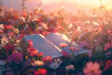 Sunlit Springtime Reading A Book in a Field of Flowers Generative AI