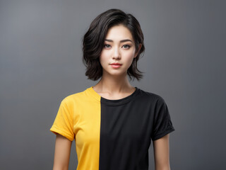 A beautiful young Asian woman in black-yellow t-shirt on a gray background