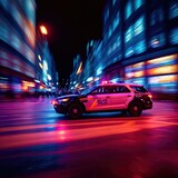 Fototapeta Miasto - Police car high speed chase, long exposure dynamic motion with light streak