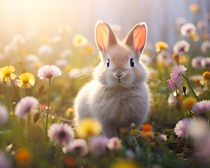 Wall Mural - Cute little rabbit on a meadow with dandelions.