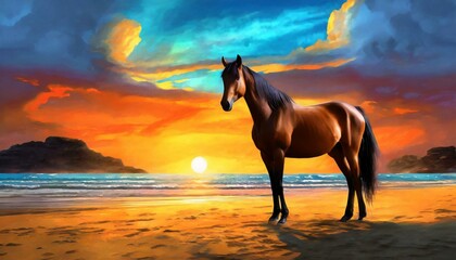 horse in the sunset, A brown horse standing on top of a sandy beach under a cloudy blue and orange sky with a sunset, Ai Generate