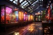 3D rendering of a fantasy garden inside a building with neon lights