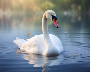 Beautiful white swan swimming on a lake in the morning.