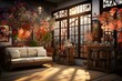 3d render of living room interior with autumn leaves in the wall