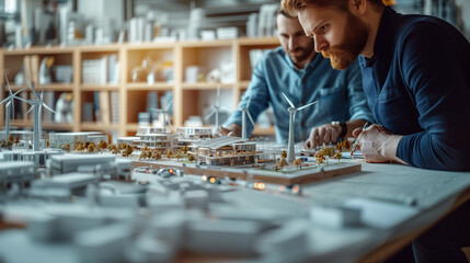 Wall Mural - Engineers designing models of turbines, solar panels, and clean energy, discussing a clean energy city planning project with building models