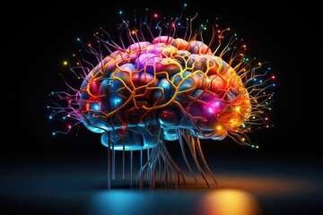 Poster - Photo line brain the background is circuit board and abstract dot point connect with gradient line, Vivid representation of a digital brain. Ai generated