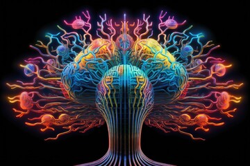 Poster - Vivid representation of a digital brain. human brain with lights, AI generated