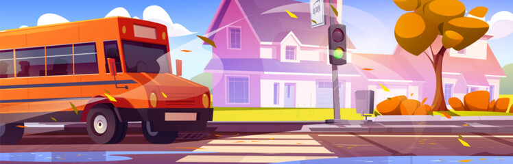 Wall Mural - School bus riding suburban street with crosswalk on road, traffic light and pedestrian sidewalk, private houses and trees at autumn. Cartoon country fall season cityscape with children transport.