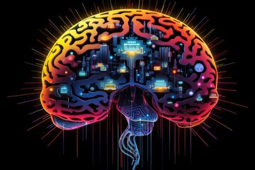 Poster - Vivid representation of a digital brain. brain made of neon light image, Ai generated