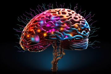 Poster - Vivid representation of a digital brain. brain made of neon light image, Ai generated