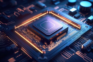 Poster - Close up of a CPU chip with glowing circuits. macro shot of electronic circuit board background, Ai generate