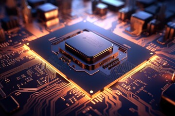 Poster - Close up of a CPU chip with glowing circuits. macro shot of electronic circuit board background, Ai generate