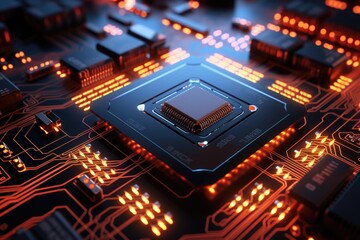 Poster - Close up of a CPU chip with glowing circuits. electronic circuit board with glowing lights on it generative ai