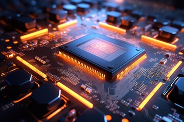 Poster - Close up of a CPU chip with glowing circuits, computer processing unit CPU with labeled metaverse, Ai generated