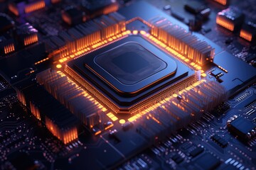 Poster - Close up of a CPU chip with glowing circuits, computer processing unit CPU with labeled metaverse, Ai generated