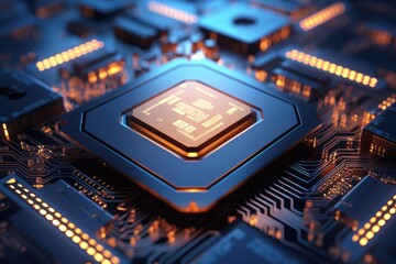 Poster - Close up of a CPU chip with glowing circuits, computer processing unit CPU with labeled metaverse, Ai generated