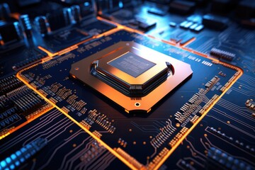 Poster - Close up of a CPU chip with glowing circuits, Photo abstract microchip mother board background computer, Ai generated