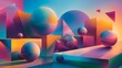 Floating geometric shapes in vibrant hues against a serene backdrop of soft gradients and shadows.