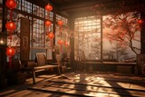 Fototapeta Most - Chinese tea room with red lanterns in the evening,3d render illustration