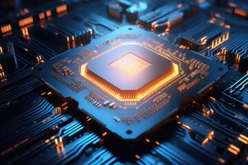 Poster - Close up of a CPU chip with glowing circuits, Photo abstract microchip mother board background computer, Ai generated