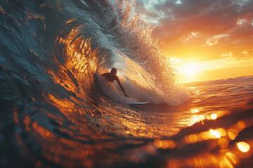 Wall Mural - Caucasian woman riding the wave on a surfboard