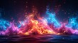 neon gradient light blue, turquoise and purple art of rainbow fire place on black background with stars