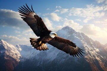  An eagle soaring high above a mountain range. eagle flies at high altitude in the mountains fantastic, Ai generated