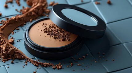 The top view of a face highlighter compact makeup powder. Vector realistic cosmetic glow baked powder in the black round plastic case with the mirror. Isolated on white background.