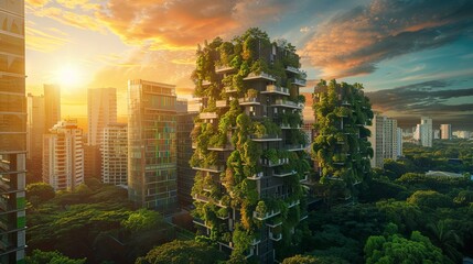 Wall Mural - Eco-friendly skyscrapers and cityscape with many trees on each balcony. Modern architecture, vertical gardens, terraces with plants. a green city, featuring skyscrapers enveloped in verdant foliage