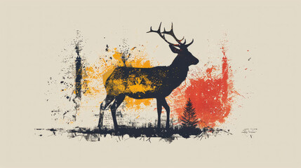 Deer silhouette against a washed-out backdrop with yellow and red splatters,ai generated
