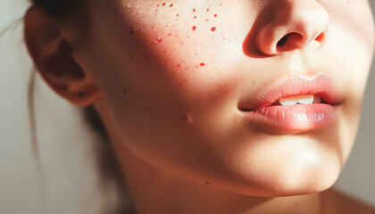 Wall Mural - A woman's face with red lipstick and red dots on her face