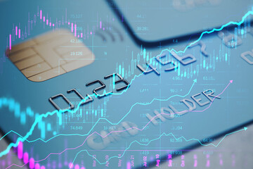 Poster - Close up of bank card with creative glowing candlestick forex chart on blurry background. Financial trade and market concept. Double exposure.